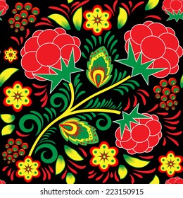 Seamless floral pattern with raspberries 
