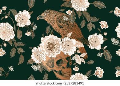 Seamless floral pattern. Raven,  skull, peony flowers wreath. Vintage background. Vector illustration. Deep green, white, gold foil. Template for textile, wallpaper, paper, curtains, upholstery fabric