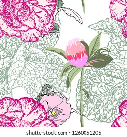 seamless floral pattern with realistic flower design - clover, carnation and poppy, vector illustration