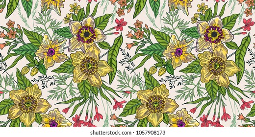 Seamless floral pattern with realistic outline hand drawn colors. Flowers in a linear style. Field colors on a white background. Design concept for fabric design, textile print, wrapping paper or web.