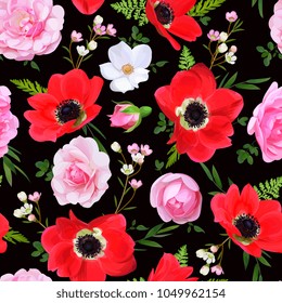 Seamless floral pattern with red anemones 