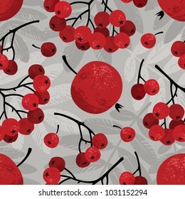 Seamless floral pattern with red apples and rowan berries. Vector illustration. Hand drawn texture