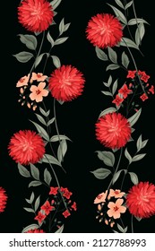 Seamless floral pattern with red aster flowers, various leaves, twigs on a black background. Elegant floral print, modern floral background with watercolor plants. Vector.