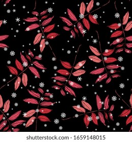 Seamless floral pattern with red autumn tree leaves and snowflakes. Hand drawn sketches. Fall or winter foliage. Seasonal decor.