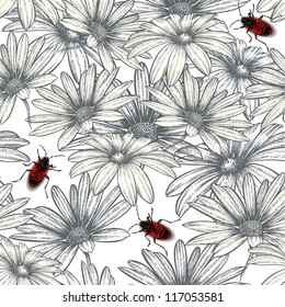 Seamless floral pattern with red beetles. Vector illustration.