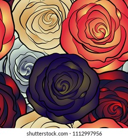 Seamless floral pattern in red, beige and orange colors. Motley roses with a band of flowers. Watercolor painting seamless pattern.