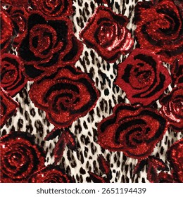 Seamless floral pattern with red and beige hand drawn abstract flowers and leopard background elements. Flower garden wallpaper design vector