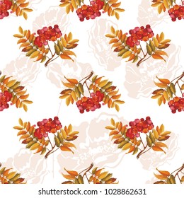 Seamless floral pattern with Red berries and branches leaver on colorful background Vector Illustration