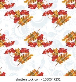 Patrón floral sin fisuras con bayas rojas y ramas que dejan en el fondo colorido Vector Ilustración