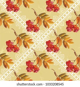 Seamless floral pattern with Red berries and branches leaver on colorful background Vector Illustration