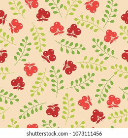 Seamless floral pattern with red berries and green leaves on beige background