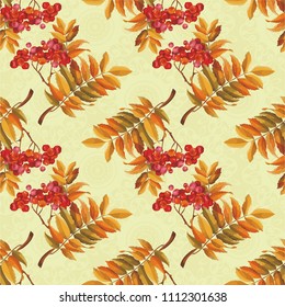 Seamless floral pattern with Red berries and branches leaver on colorful background Vector Illustration