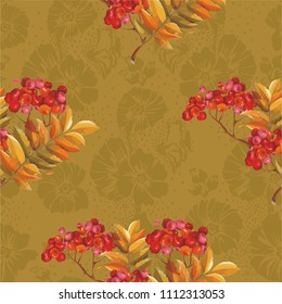 Seamless floral pattern with Red berries and branches leaver on colorful background Vector Illustration