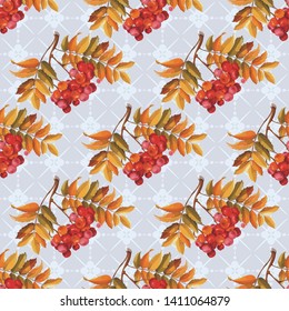 Seamless floral pattern with Red berries and branches leaver on colorful background Vector Illustration