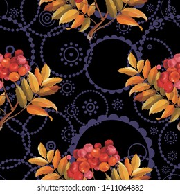 Seamless floral pattern with Red berries and branches leaver on colorful background Vector Illustration