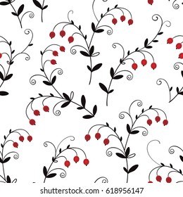Patrón floral sin fisuras con bayas rojas en una rama sobre fondo blanco.  