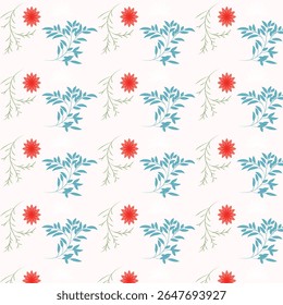 Seamless Floral Pattern with Red Blossom and Blue Leaves on Cream Background – Minimal Botanical Vector