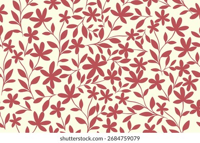 Seamless floral pattern with red blossoms and leaves on a cream background. Perfect for fabric, wallpaper, packaging, stationery, and stylish decorative projects.