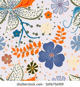 Seamless, floral pattern. Red, blue, beige shades .