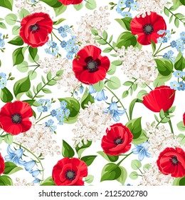 Patrón floral sin foco con adormidera roja, azul y blanca, azul, lila y no me olvidas las flores sobre un fondo blanco. Ilustración del vector