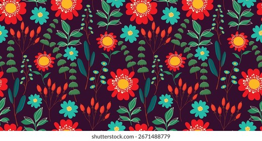 Patrón floral sin fisuras con flores rojas y azules con hojas sobre fondo oscuro. Diseño de follaje botánico colorido para textiles de moda, tela, Fondo de pantalla y envoltura.