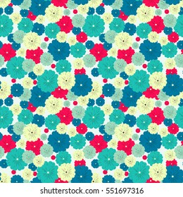 Seamless floral pattern with red, blue, green, light yellow flowers placed randomly.
