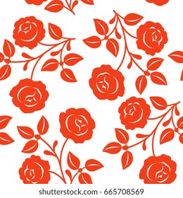 Seamless floral pattern with red boughs of roses on a white background. 