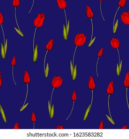 Seamless floral pattern with red bright tulips and green leaves on a dark blue background. Hand drawn.For textile, fashion, wallpapers, wrapping paper. Vector stock illustration.