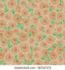 Seamless floral pattern in red and brown colors. Motley roses and green leaves with a band of flowers. Watercolor painting seamless pattern.