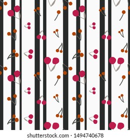Seamless floral pattern with red cherries on black and white striped background. Berry background in vertical stripes. Modern fashion print,  timeless classic. Original design. Vector EPS10.