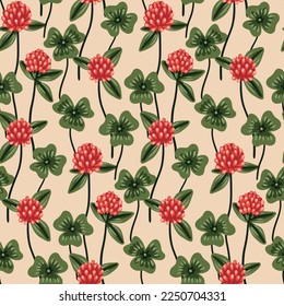 Patrón floral sin foco con flores de trébol rojo de estilo vintage. Impresión floral, fondo botánico dibujado a mano con flores pequeñas, hojas verdes sobre rosado. Ilustración vectorial.