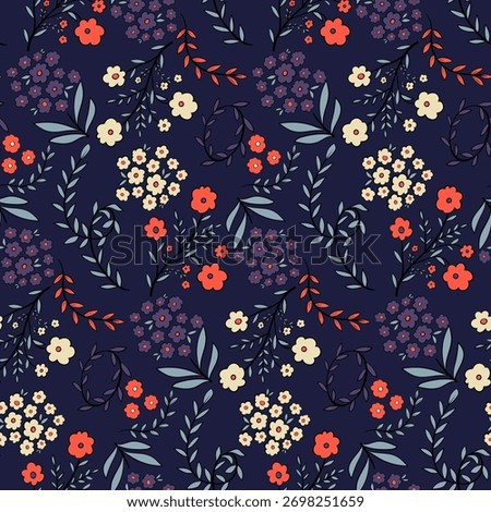Seamless floral pattern with red, cream, and purple flowers on a dark navy background. Elegant and vintage-inspired design