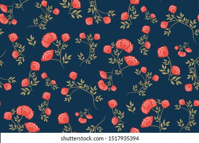 Seamless floral pattern with red flowers on a dark blue background. Elegant Botanical print, texture, Wallpaper, template for fashion design, fabrics, magazine covers, posters... Luxury vector design.