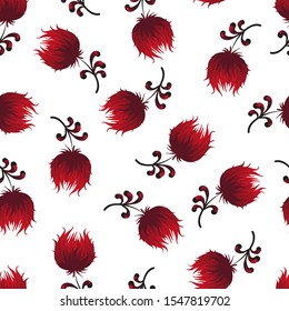 Seamless floral pattern. Red flowers are randomly arranged on a white background. Print for textiles and paper. Vector illustration.