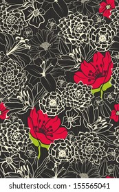 Seamless Floral Pattern With Red Flowers On Monochrome Background 