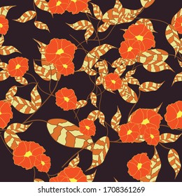 Seamless floral pattern red flowers and foliage on dark background repeat endless cover texture for textile, clothing, linens, curtains, wrapping paper, wallpapers, fashion fabric prints