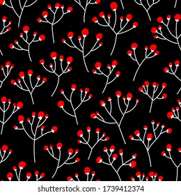 Seamless floral pattern. Red flowers on black background. Hand drawn vector illustration. Texture for print, textile, wallpaper, packaging.