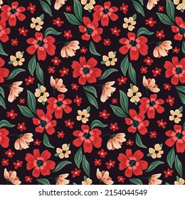 Seamless floral pattern with red flowers, leaves on a dark background. Ornate botanical composition of a flowering meadow in the Slavic style. Vector illustration.