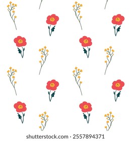 Seamless floral pattern with red flowers and yellow blossoms on a clean white background. Perfect for textiles, wallpaper, wrapping paper, stationery, and spring-inspired designs