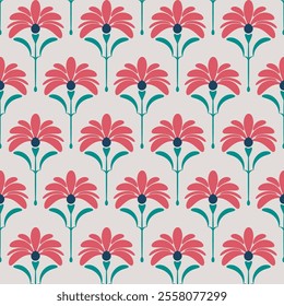 Seamless floral pattern with red flowers on a gray background.
