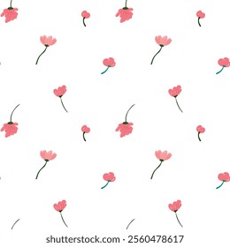 Seamless floral pattern with red flowers and yellow blossoms on a clean white background. Perfect for textiles, wallpaper, wrapping paper, stationery, and spring-inspired designs