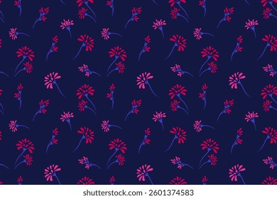 Seamless floral pattern with red flowers and buds on a deep navy blue background. Perfect for textiles, gift wrap, wallpaper, and other decorative projects.