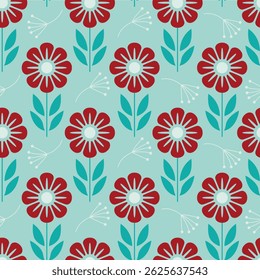 Seamless floral pattern with red flowers and teal leaves on light blue background in flat retro style