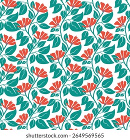 Patrón floral sin fisuras con flores rojas y hojas de verde azulado - fondo de Vector botánico