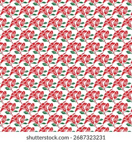 Seamless floral pattern with red flowers and green leaves design background