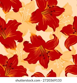Patrón floral sin fisuras con flores rojas sobre un fondo cálido. Perfecto para la tela, el Fondo de pantalla, el embalaje, la papelería y el diseño de superficies decorativas.