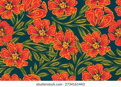 Padrão floral sem costura com flores vermelhas e folhas verdes.