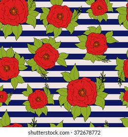 Seamless floral pattern with red flowers on sea strip background