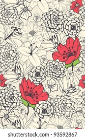 Seamless Floral Pattern With Red Flowers On Monochrome Background