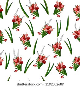 Seamless floral pattern with red freesia flowers compositions . Endless texture for romantic floral and season design,  decoration, greeting cards, posters, invitations, advertisments, postcards.